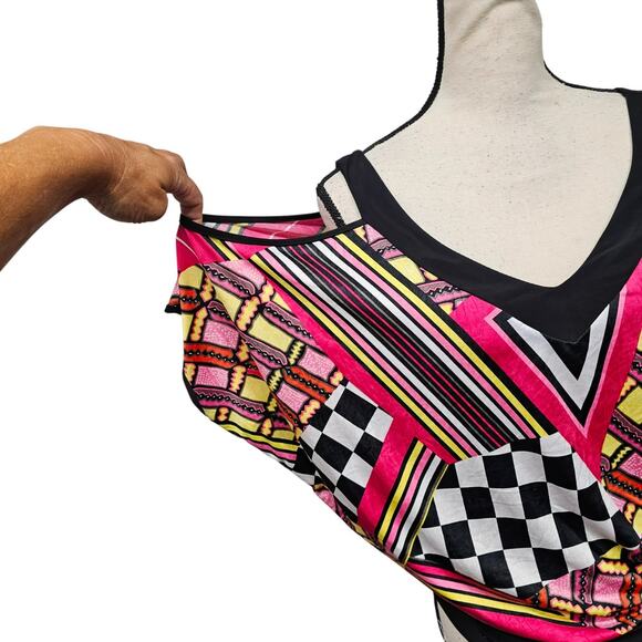 Women’s Retro 80s Y2K Top Sz L Geometric Checker Print Batwing Cold Shoulder USA - Picture 2 of 10